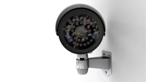 Security CCTV camera on white background rotates and monitoring for crowd, 3d Stock Footage 130777669