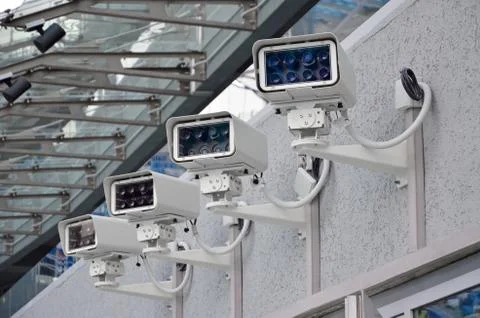 Security CCTV IR camera in office building, CCTV mounted on the wall Stock Photos