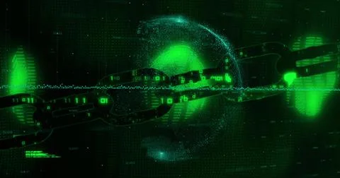 Security chain over spinning globe on black background Stock Illustration