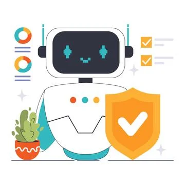 Security Chat Bot concept. Digital guardian bot on desktop with protective Stock Illustration