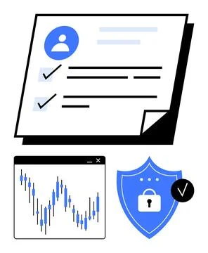 Security checklist with check marks, stock market chart, and a locked shield  스톡 일러스트
