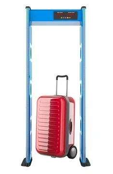 Security checkpoint with metal detector gate and suitcase, 3D rendering イラスト素材