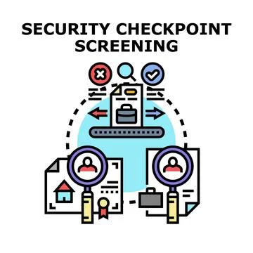 Security checkpoint screening process analyzing documents and baggage Stock Illustration