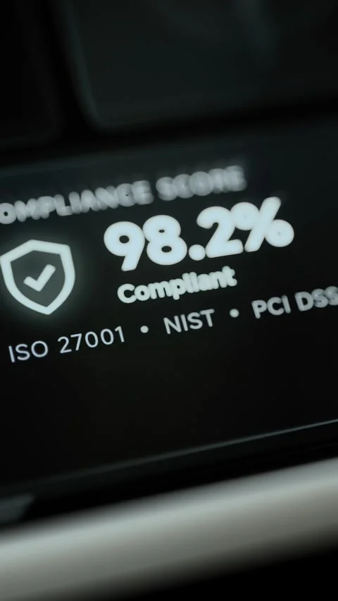 Security compliance panel reports 98.2 percent and lists ISO 27001 Stock Footage 343360345
