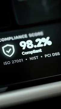 Security compliance panel reports 98.2 percent and lists ISO 27001 Stock Photos