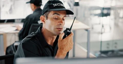 Security, computer and man with radio, control room and communication for backup Stock Photos