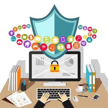 Security for computer concept illustration. User working with deskkop. Deskto Stock Illustration