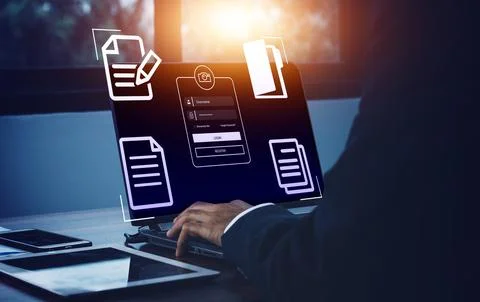 Security Computer login  businessman working laptop computer on virtual scree Stock Photos
