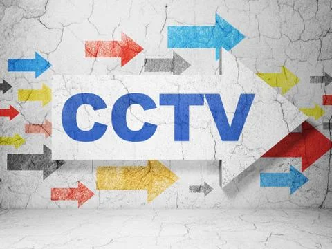 Security concept: arrow whis CCTV on grunge wall background Stock Illustration