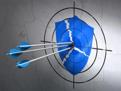 Security concept: arrows in Broken Shield target on wall background Illustrazione stock