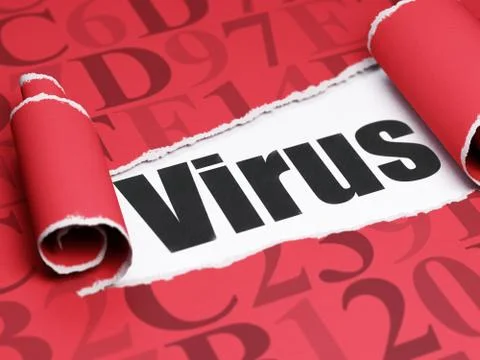 Security concept: black text Virus under the piece of  torn paper 스톡 일러스트