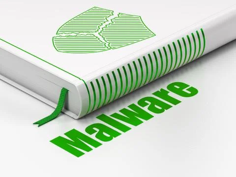 Security concept: book Broken Shield, Malware on white background Stock Illustration