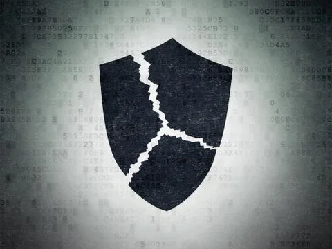 Security concept: Broken Shield on Digital Data Paper background Illustrazione stock