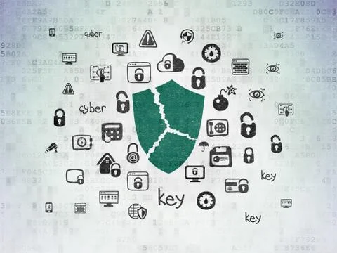 Security concept: Broken Shield on Digital Data Paper background Stock Illustration