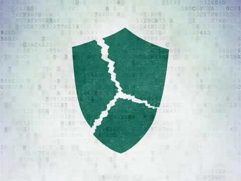 Security concept: Broken Shield on Digital Data Paper background Illustrazione stock