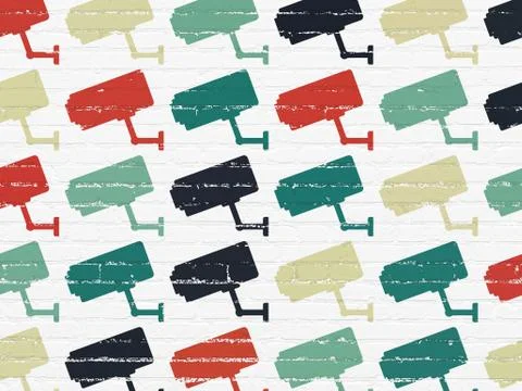 Security concept: Cctv Camera icons on wall background Ilustración de archivo