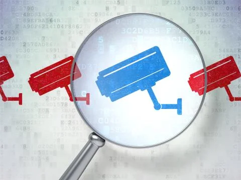 Security concept: Cctv Camera with optical glass on digital back Illustrazione stock