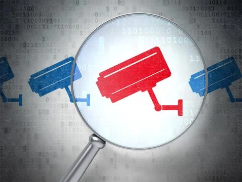 Security concept: Cctv Camera with optical glass on digital back Illustrazione stock