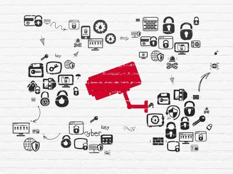 Security concept: Cctv Camera on wall background Ilustración de archivo