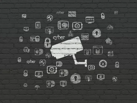 Security concept: Cctv Camera on wall background Illustrazione stock
