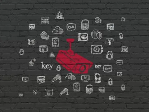 Security concept: Cctv Camera on wall background Ilustración de archivo