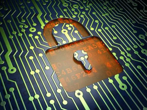 Security concept: circuit board, closed padlock Stock Illustration