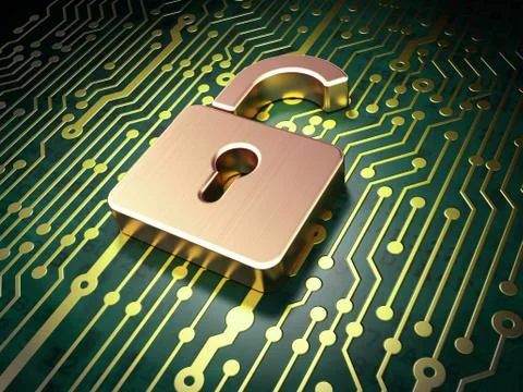 Security concept: circuit board with Opened Padlock icon Illustrazione stock