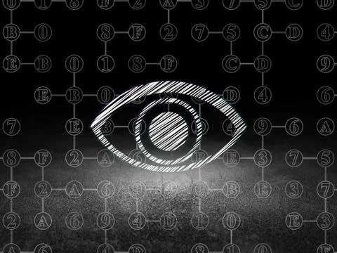Security concept: Eye in grunge dark room Ilustración de archivo
