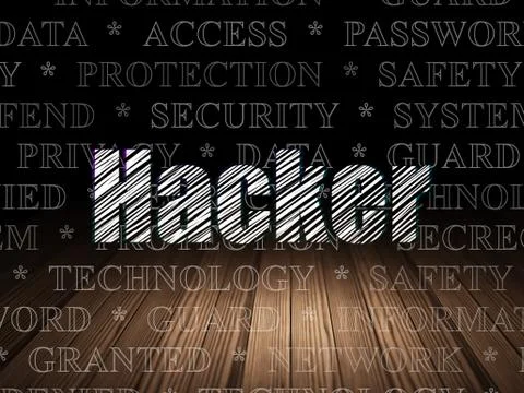 Security concept: Hacker in grunge dark room Illustrazione stock