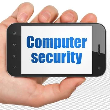Security concept: Hand Holding Smartphone with Computer Security on display Illustrazione stock