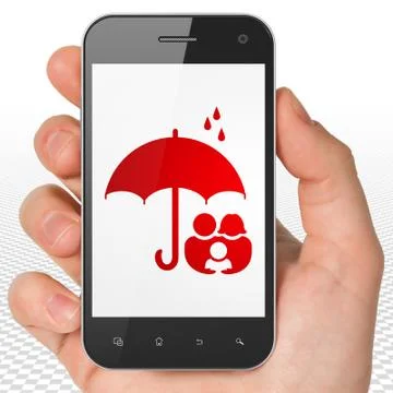Security concept: Hand Holding Smartphone with Family And Umbrella on display Stock Illustration