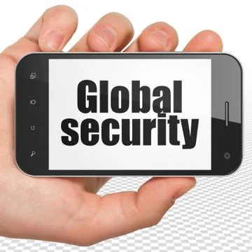 Security concept: Hand Holding Smartphone with Global Security on display Ilustración de archivo