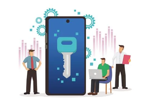 Security concept with a key on a mobile phone with businessmen surround it Stock Illustration