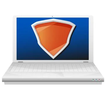 Security concept. laptop computer and orange shield. Ilustración de archivo