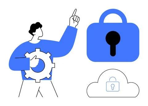 Security Concept with Man Holding Gear and Cloud Computing Lock 스톡 일러스트