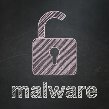 Security concept: Opened Padlock and Malware on chalkboard background 스톡 일러스트