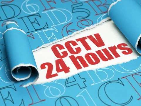Security concept: red text CCTV 24 hours under the piece of  torn paper Stock Illustration