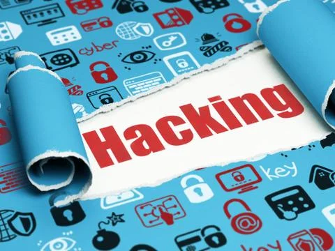 Security concept: red text Hacking under the piece of  torn paper Illustrazione stock