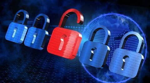 Security concept - several blue closed padlocks and one open red in middle Stock Illustration