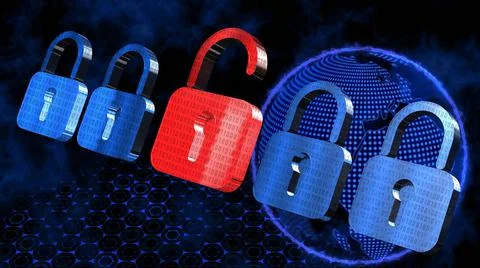 Security concept - several blue closed padlocks and one open red in middle Illustrazione stock