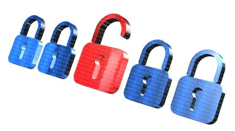 Security concept - several blue closed padlocks and one open red in middle Stock Illustration