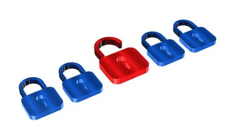 Security concept - several blue closed padlocks and one open red in middle Stock Illustration