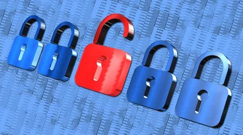 Security concept - several blue closed padlocks and one open red in middle Stock Illustration