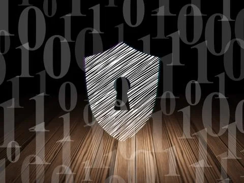 Security concept: Shield With Keyhole in grunge dark room Illustrazione stock