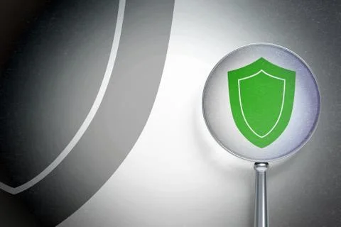 Security concept:  Shield with optical glass on digital background Illustrazione stock