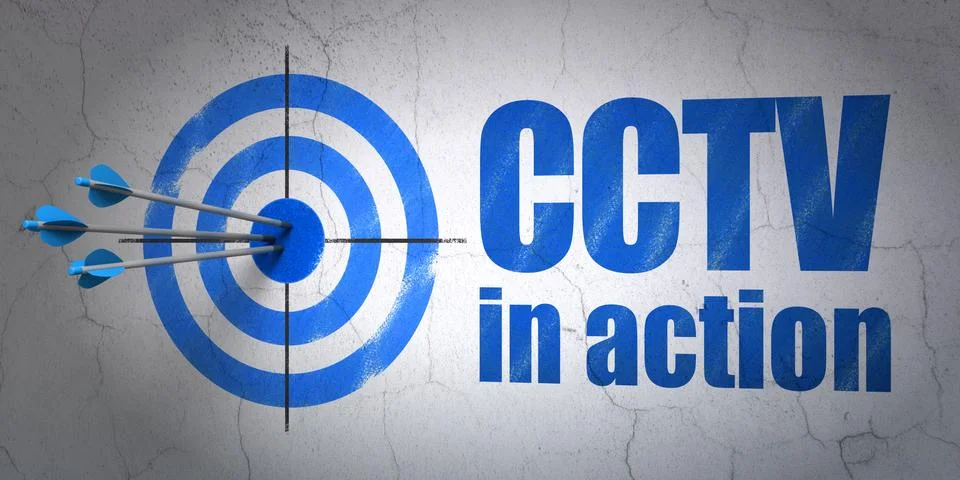 Security concept: target and CCTV In action on wall background Ilustración de archivo