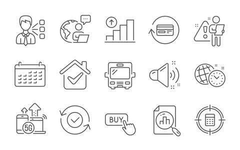 Security confirmed, Calculator target and Buy button icons set. Loud sound Stock Illustration