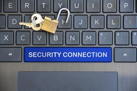 Security connection text on blue laptop space bar with locker background. Stock Photos
