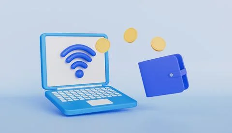 Security of contactless payments with floating elements of a laptop, Wallet Stockillustratie