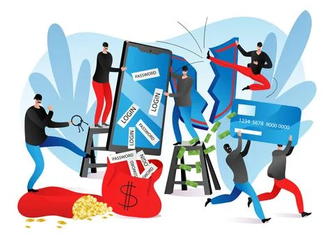 Security crime, fraud in internet, vector illustration, hacker attack at phone Stock Illustration